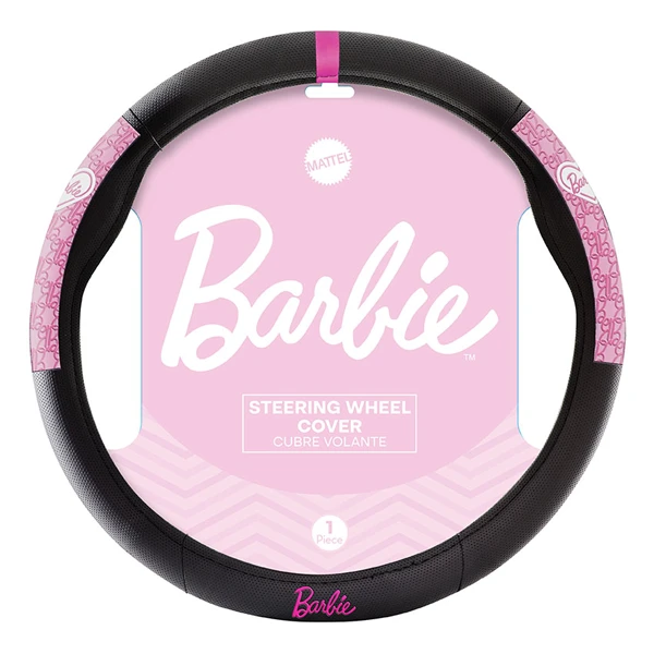 CUBRE VOLANTE BARBIE NEGRO CON APLIQUES ROSA LATERALES