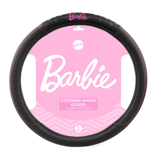 CUBRE VOLANTE BARBIE NEGRO CON LOGO Y COSTURA ROSA